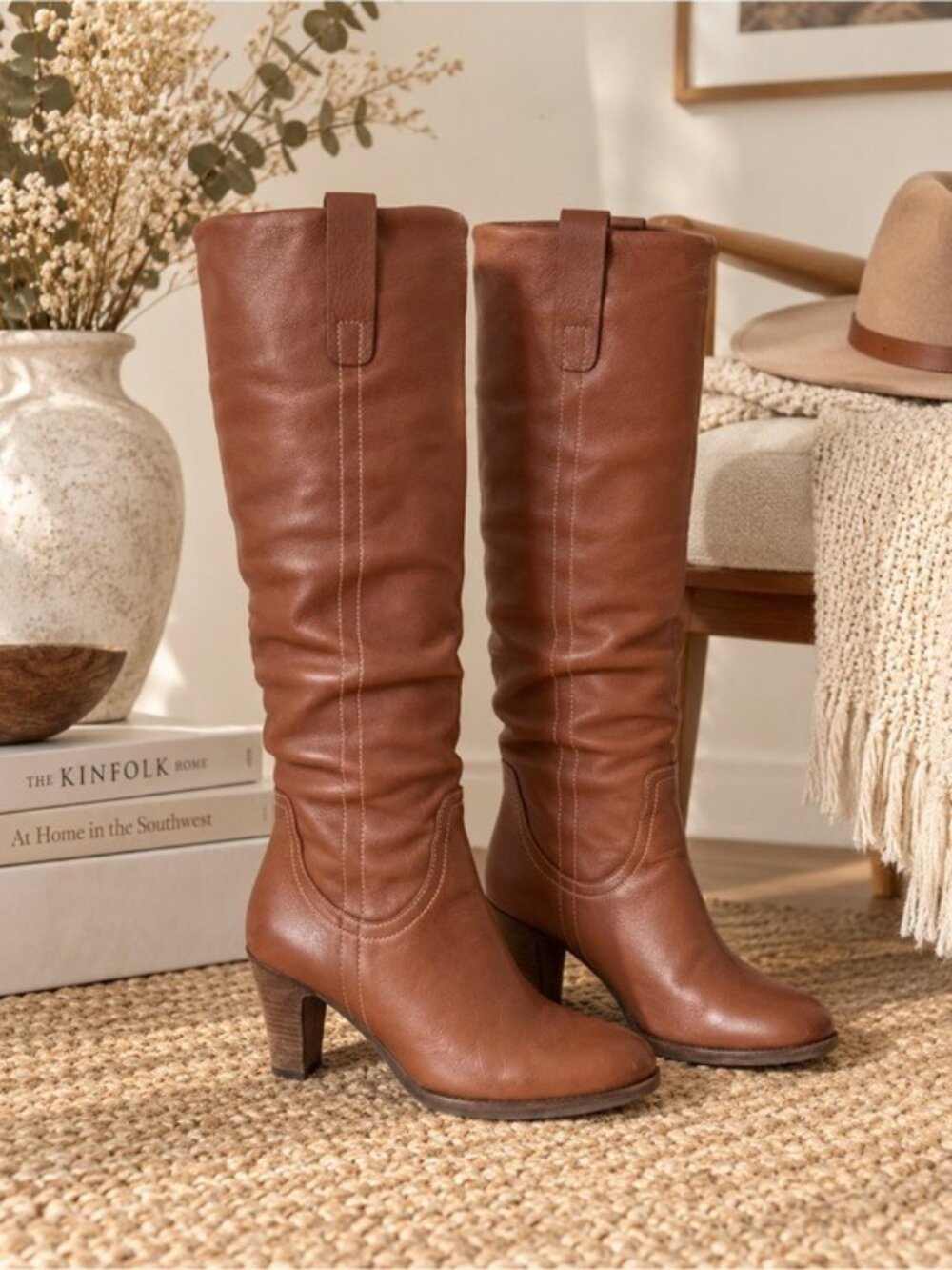 Via Spiga Cognac Leather Knee High Boots Women’s 8.5 M Western Block Heel